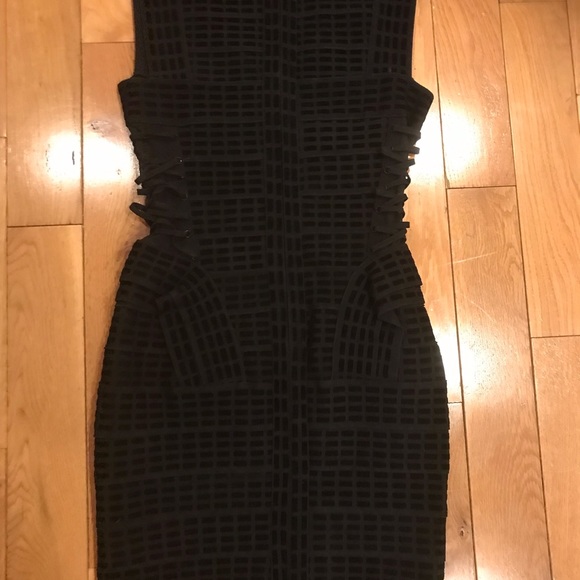Black minidress with side mesh panels. Fitted/ stretch size small - Picture 2 of 5
